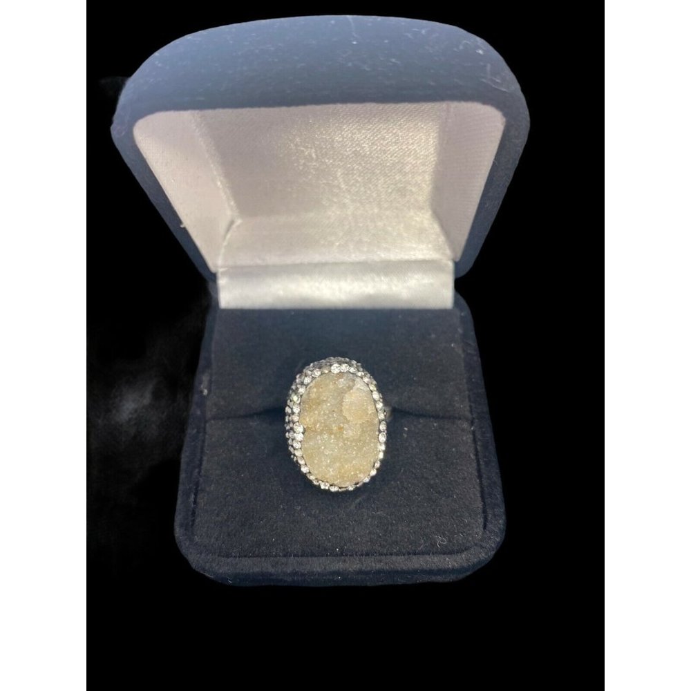 Natural Quartz Sparkling Cluster 925 Silver Ring Size 7.5